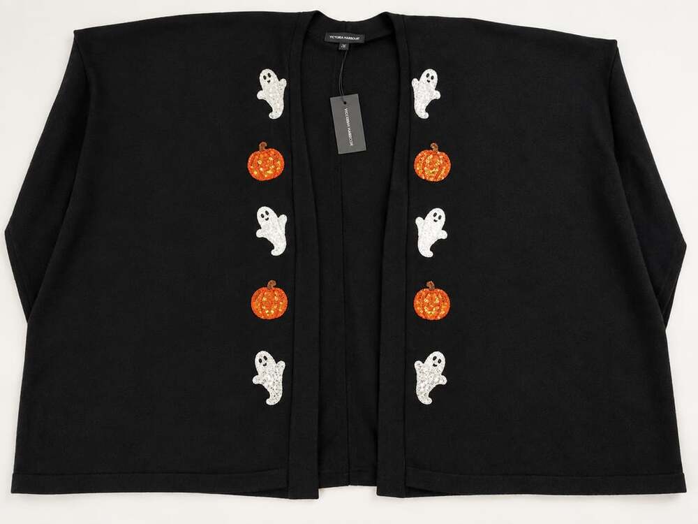 Victoria Harbour Halloween Sequin Ghost Pumpkin Open Front Cardigan One Size